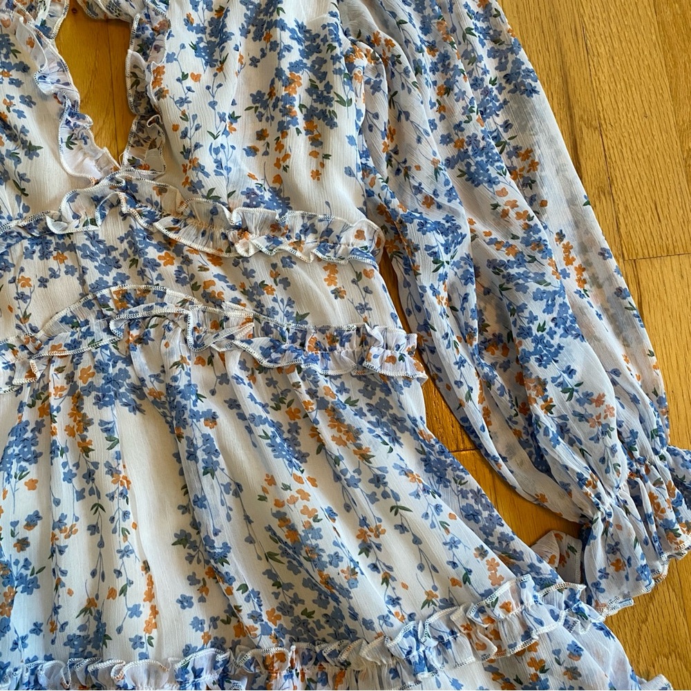 Blue, Orange, and White Floral Long Sleeve Dress Medium - Picture 2 of 5